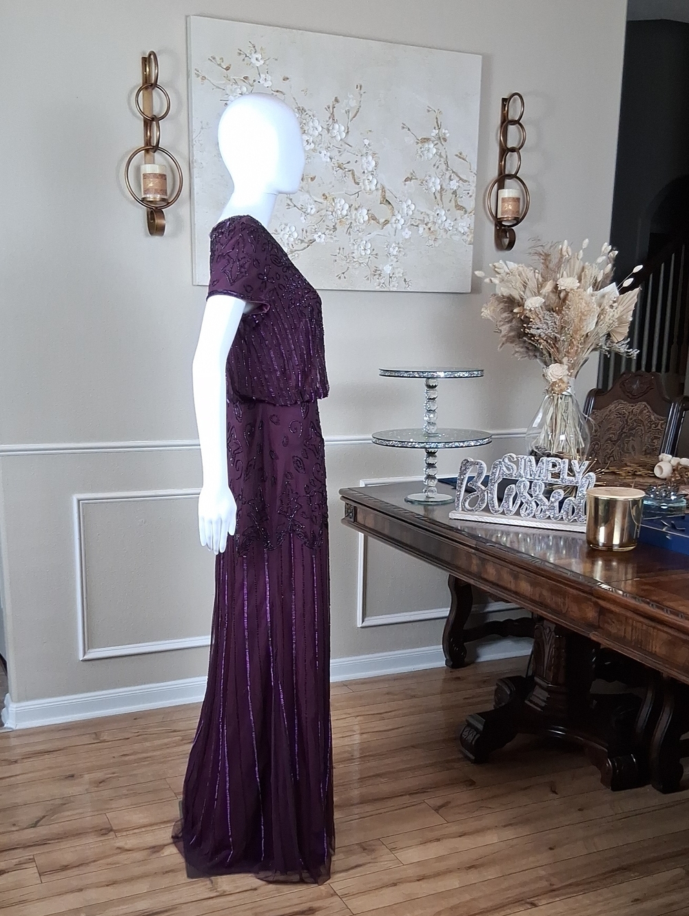 New Adrianna Papell Evening Beaded Dress Plum Floor-Length Short Sleeves Small - Picture 11 of 16